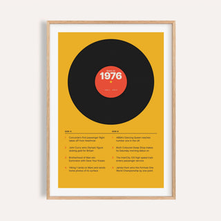 1976 print styled as a vinyl record on mustard on a plain warm wall