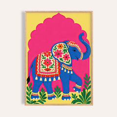Elephant art print with a decorated blue elephant under a pink scalloped arch