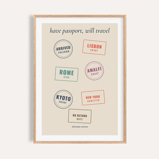 Passport stamps retirement print shown on a plain warm cream wall