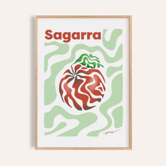 Basque apple print of a red swirl patterned apple under the word Sagarra on sage waves