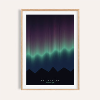 Red and green aurora print shown on a plain warm wall