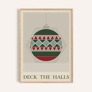 Patchwork Christmas bauble print shown on a plain warm wall