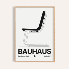 Chair poster of a cantilever chair with a black moulded seat and BAUHAUS wordmark