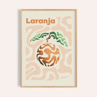 Basque orange print of a swirl patterned orange under the word Laranja on peach waves