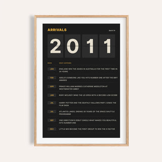 2011 print styled as a split flap arrivals board on a plain warm wall