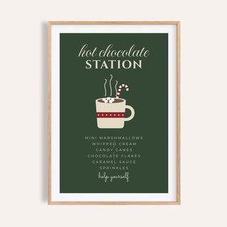 Green hot chocolate station print shown on a plain warm wall