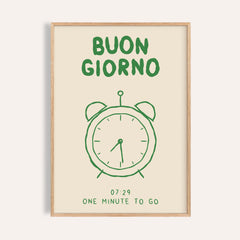 Buongiorno print of a green line drawn alarm clock at 07:29 under BUON GIORNO