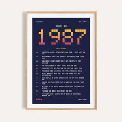 1987 pixel art print in arcade sunset colours on a plain warm wall