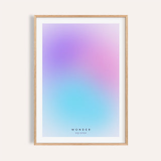 Purple pink and cyan aura print shown on a plain warm wall