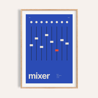 Mixing desk faders print shown on a plain warm wall