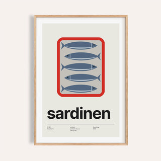Open tin of sardines print shown on a plain warm wall