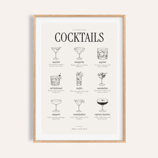 Types of cocktails print with nine engraved classic cocktails in black ink