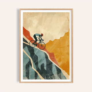 Framed print of a cyclist climbing steep mountain in abstract retro style with warm tones