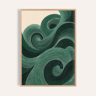Modern Green Wall Art print with green and beige swirls for living room wall art