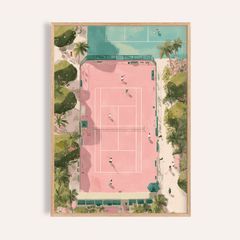 Framed tennis court art print showing an overhead view of a pink and green court with players in action