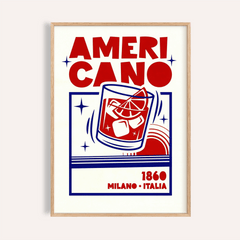 Framed Americano Cocktail Poster with red and blue minimalist illustration and typography