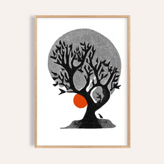 Framed Indian Tree Art Print showing an abstract tree silhouette with a red sun detail on a pale background