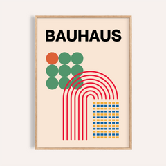 Framed Abstract Shapes Print with geometric shapes in green orange and red on a beige background