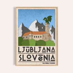 Framed Ljubljana Slovenia art print with a green dragon on a castle tower and mountains