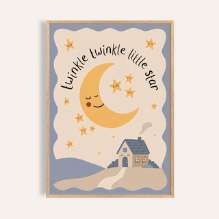 Framed Twinkle Twinkle Star Print with crescent moon and stars in muted yellow and blue tones