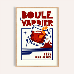 Boulevardier Cocktail Print framed close-up showing retro typography and cocktail illustration in red and blue