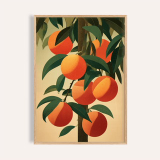 Orange tree art showing an orange fruit bunch with green leaves on a beige background