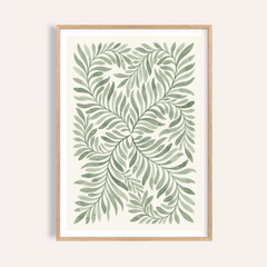 Framed print of green watercolour botanical leaves on cream background