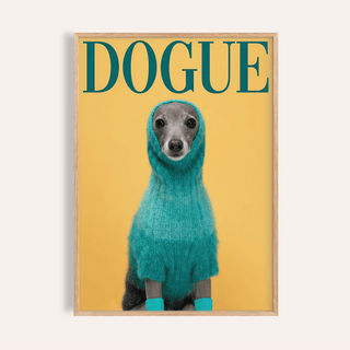 Framed print close-up of a dog in a blue sweater with yellow background