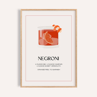 Framed Negroni Cocktail Poster of minimalist orange drink illustration with text in a wooden frame
