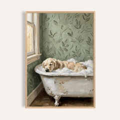 Framed golden retriever wall art of a dog in a bubbly vintage bath with green leafy wallpaper