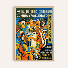 Framed Colombian Music Art Print showing a jaguar with musical instruments in retro folk-art style