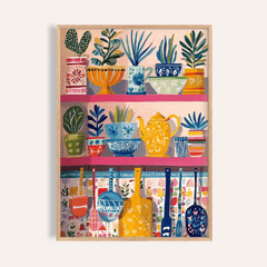 Boho Kitchen Print of colourful kitchen shelves with plants and utensils in an illustration style