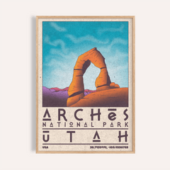 Utah wall art featuring Delicate Arch illustration with blue sky and purple mountains