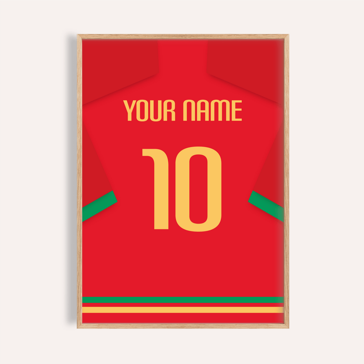 Football Shirt Poster in Red with Green Trim and Yellow Number