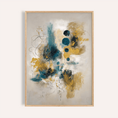 Teal And Black Art Print featuring abstract teal and gold shapes on a light background