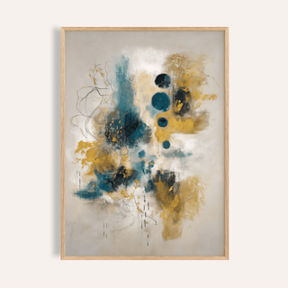 Teal And Black Art Print featuring abstract teal and gold shapes on a light background
