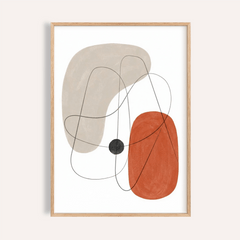 Framed abstract wall poster with beige and terracotta organic shapes and thin line art