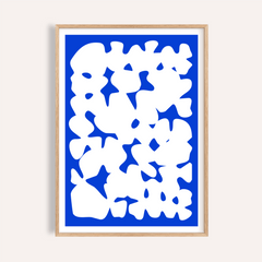 Blue and white modern art with organic abstract shapes in a wooden frame