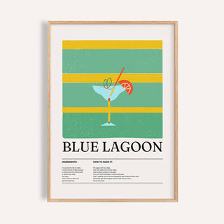 Kitchen wall pictures minimalist Blue Lagoon cocktail illustration with aqua green and yellow stripes