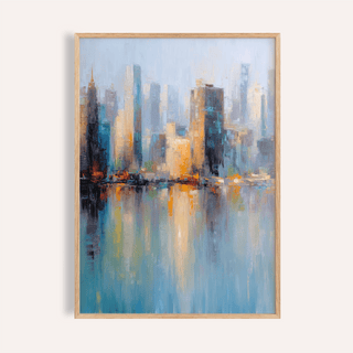Framed City skyline art print showing an abstract watercolour cityscape with blue and orange tones