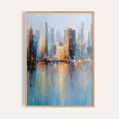 Framed City skyline art print showing an abstract watercolour cityscape with blue and orange tones