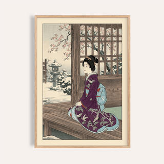 Framed print of Hasui Kawase Geisha Print showing a woman in a purple kimono with a blossoming tree