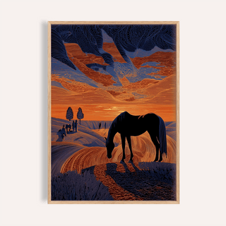 Framed Horse Sunset Art Print showing a black horse silhouette with orange and blue illustration style