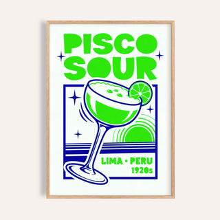 Framed Pisco Sour poster with green and blue pop-art illustration and typography