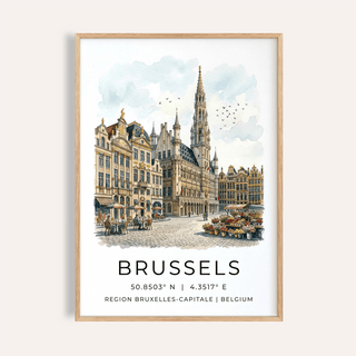 Framed Brussels Architectural Art Print of Brussels Grand Place in watercolour tones with birds in the sky