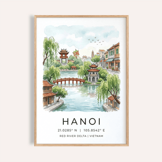 Framed Hanoi Landscape Wall Art of a river with green trees and traditional buildings in watercolour style