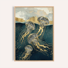 Abstract Jelly Fish Wall Art in blue and gold for living room poster
