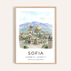 Framed Sofia City Art Print of a watercolour Alexander Nevsky Cathedral with green domes and golden tops