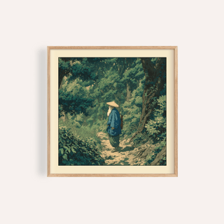 Hasui Kawase Vintage Woodblock Style print of an old man in a green forest with a beige path