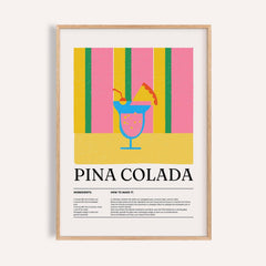 Close-up of wall art for kitchen with minimalist piña colada cocktail and bold yellow pink stripes